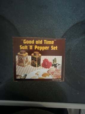 Vintage Good Old Time Salt 'N' Pepper Set Tin Containers